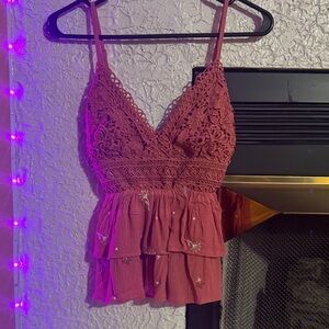 Elegant Lace Trimmed Pink Women's Top